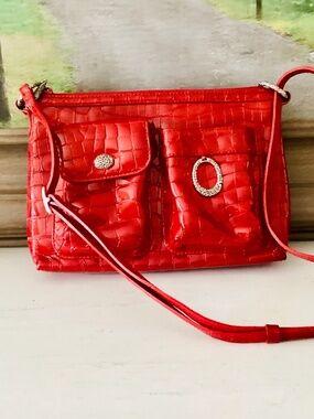 Brighton Red Patent Crocodile-Embossed Crossbody Shoulder Leather Bag purse